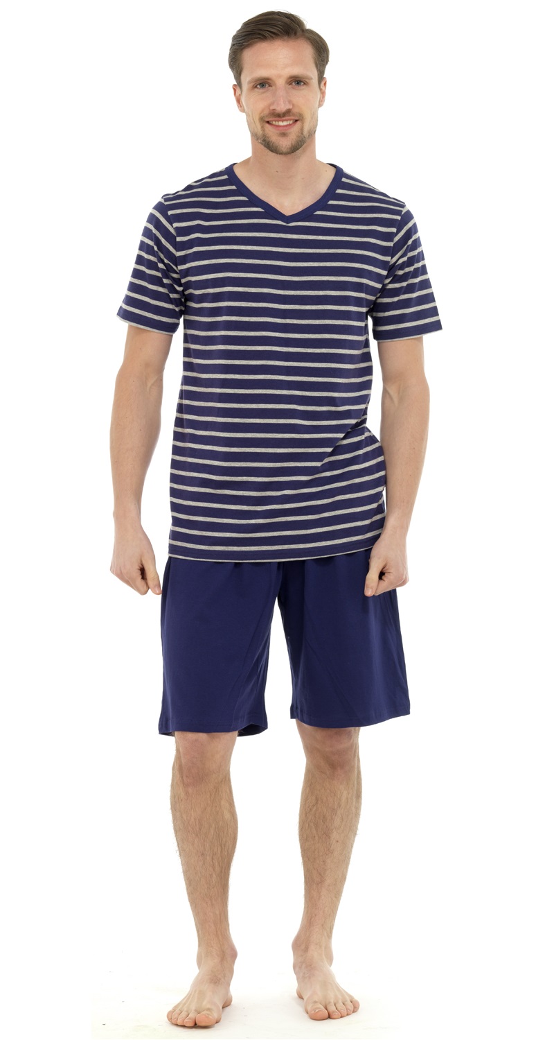 MENS STRIPE 100 COTTON PYJAMAS SET SHORTS + SHORT SLEEVE T SHIRT PJS